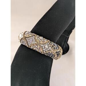 Glamorous Pave Crystal Cuff Bracelet, Ornate Gold Tone Setting, Vintage Style
